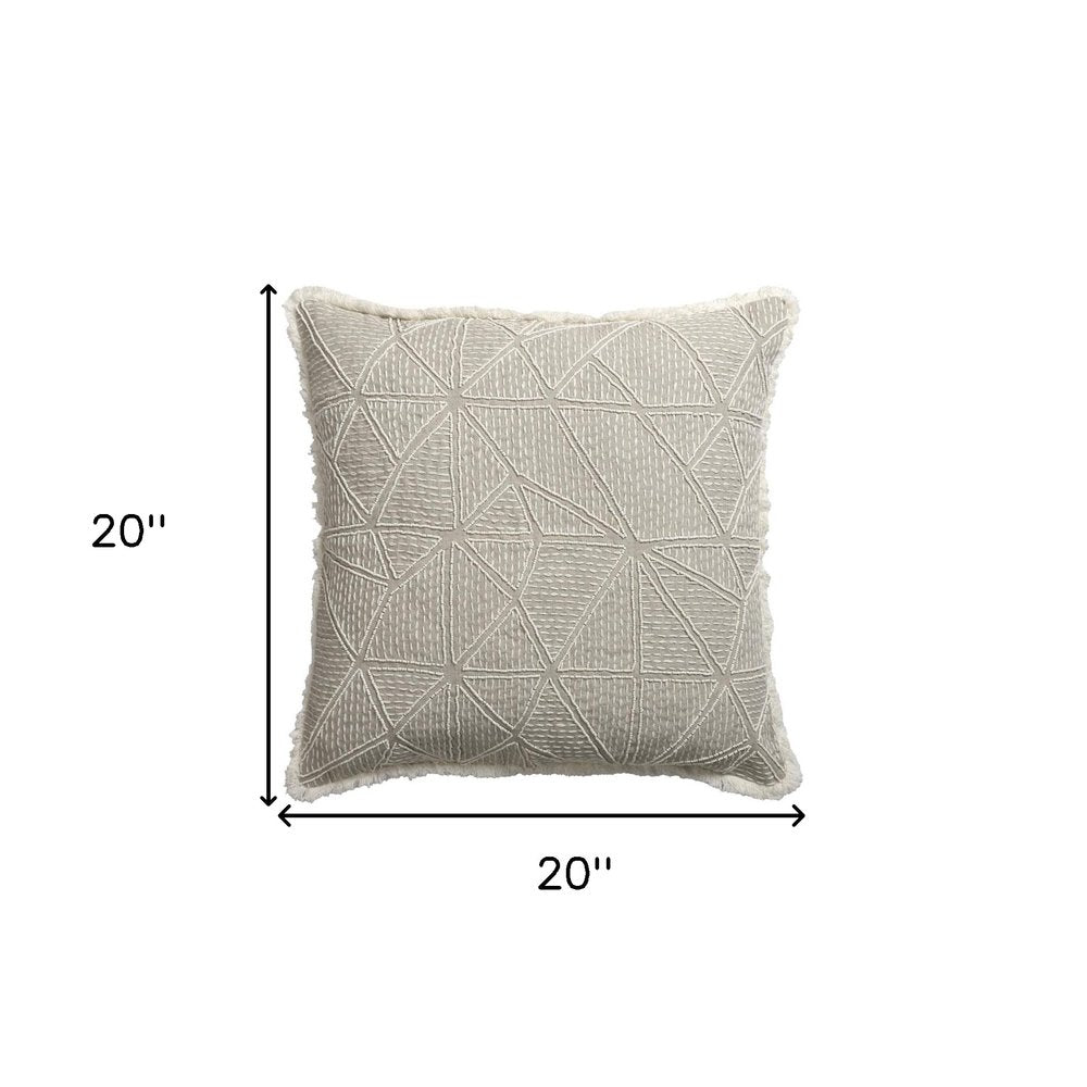 20" Beige and Ivory Throw Pillow with Embroidery and Fringe