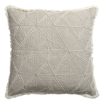 20" Beige and Ivory Throw Pillow with Embroidery and Fringe
