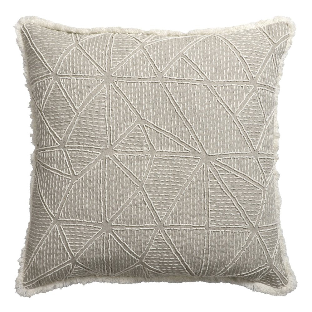 20" Beige and Ivory Throw Pillow with Embroidery and Fringe