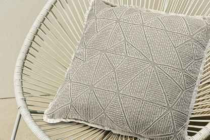 20" Beige and Ivory Throw Pillow with Embroidery and Fringe