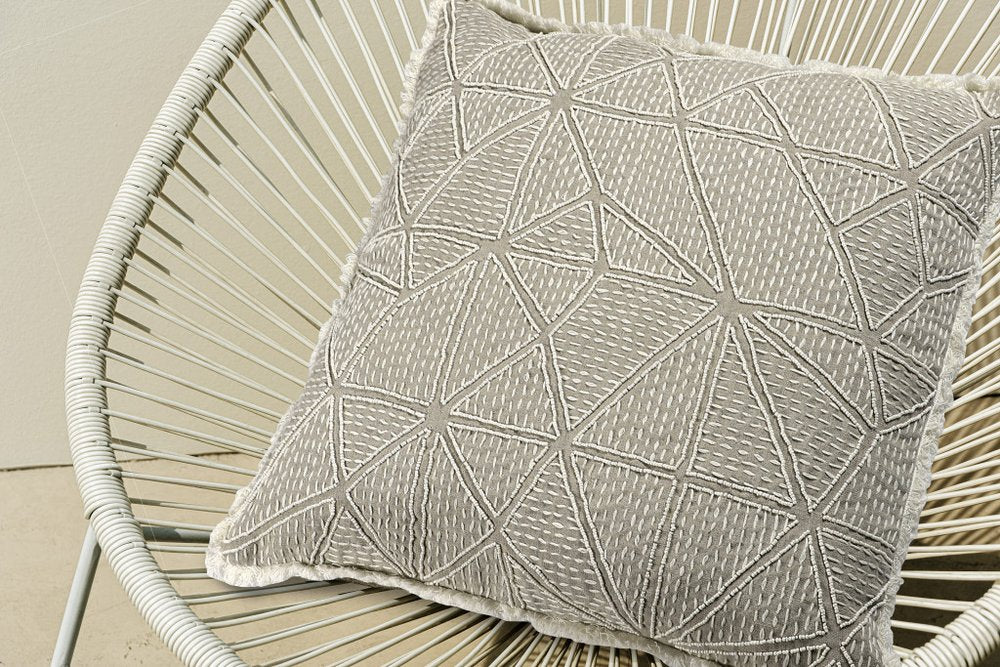 20" Beige and Ivory Throw Pillow with Embroidery and Fringe