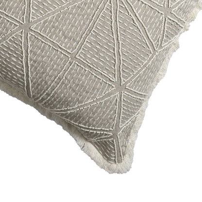 20" Beige and Ivory Throw Pillow with Embroidery and Fringe