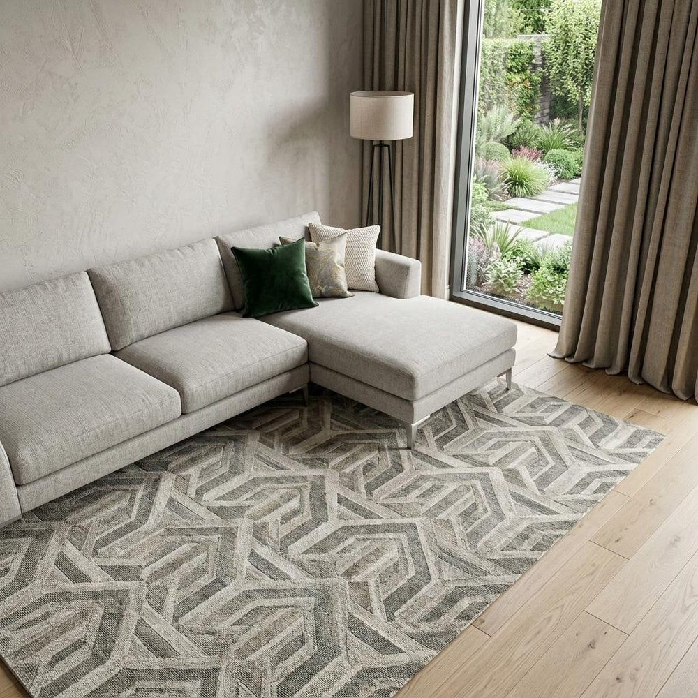 7' X 10' Green and Ivory Geometric Power Loom Distressed Non Skid Area Rug