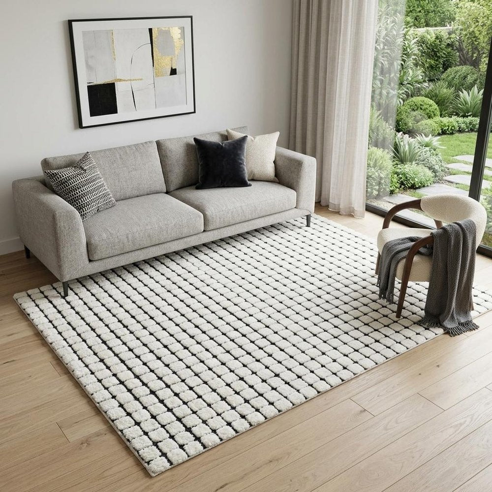 5' X 8' Beige and Black Checkered Power Loom Distressed Area Rug