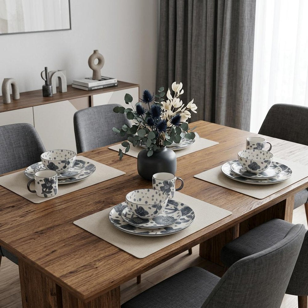 Gray and Ivory Sixteen Piece Round Floral Ceramic Service For Four Dinnerware Set