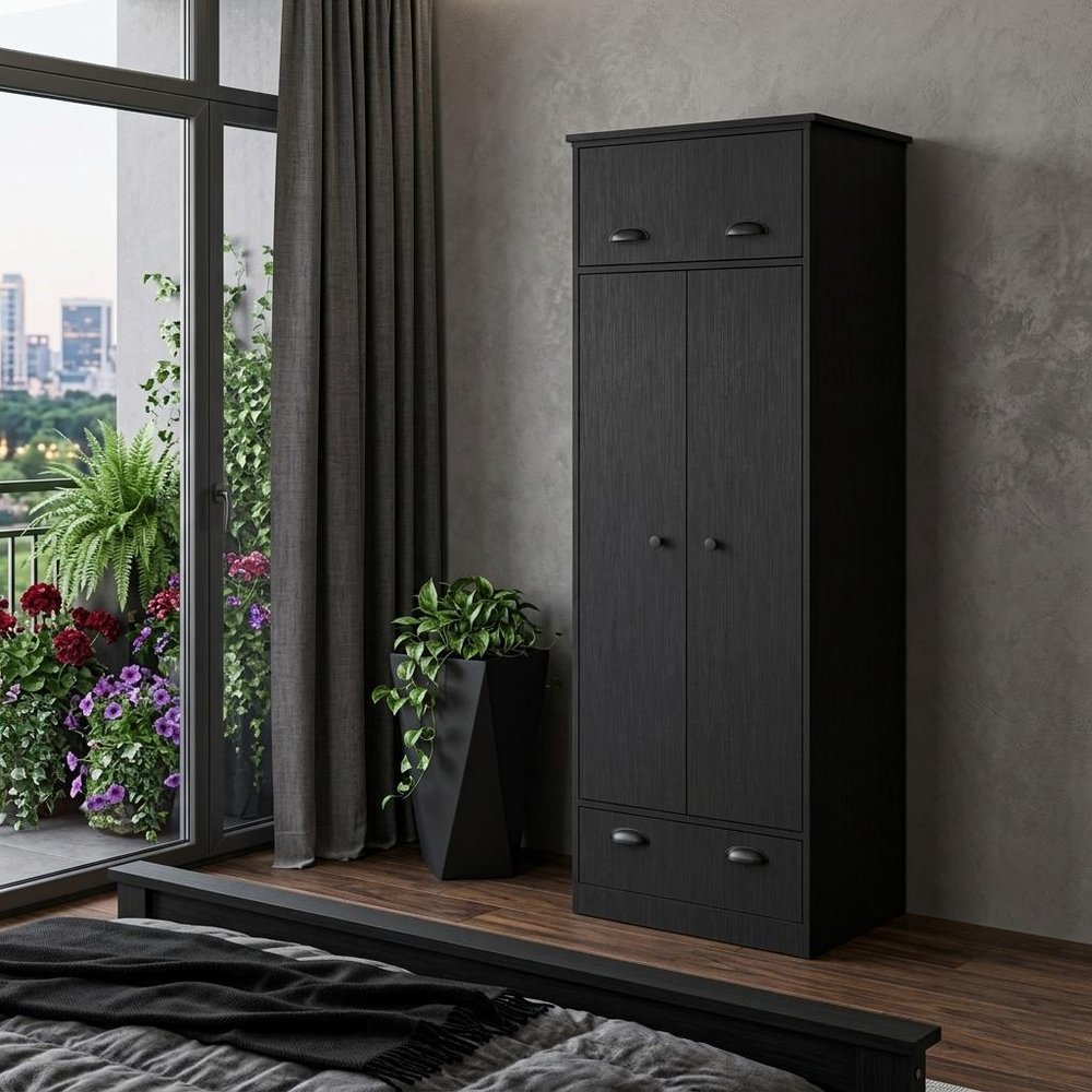 70" Black Wood Three Door Single Drawer Combo Dresser