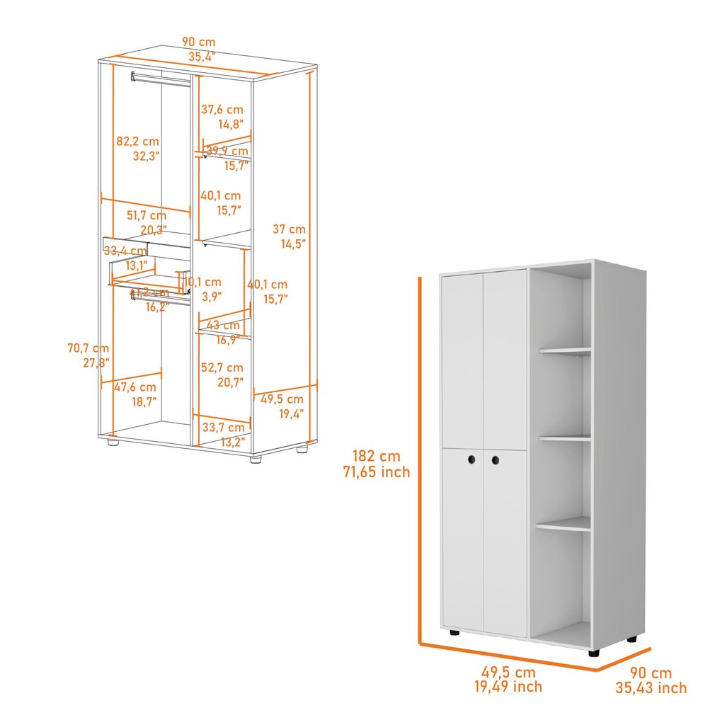 72" White Wood Two Door Single Drawer Combo Dresser