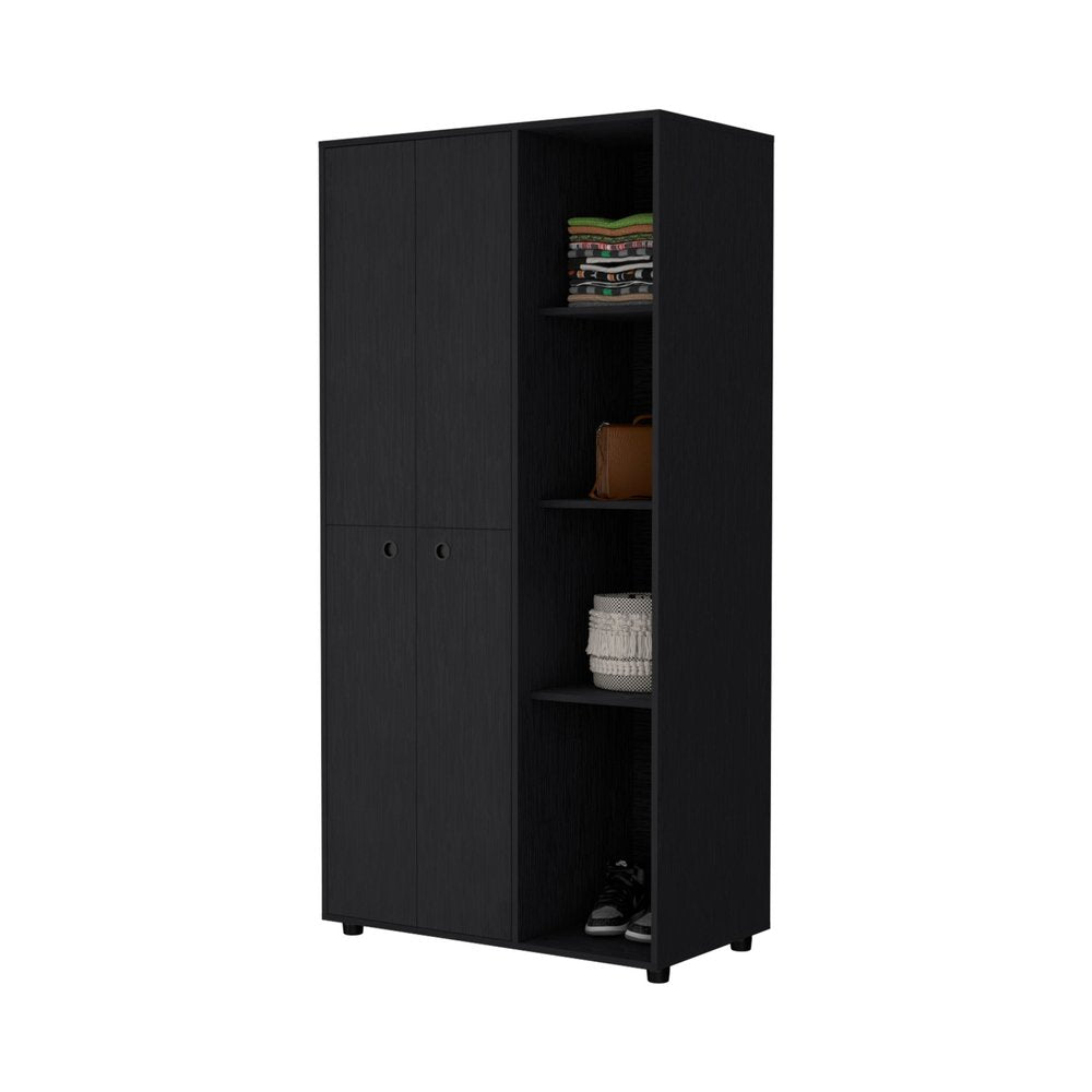 72" Black Wood Two Door Single Drawer Combo Dresser