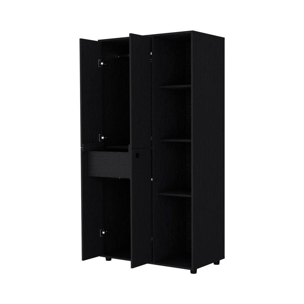 72" Black Wood Two Door Single Drawer Combo Dresser