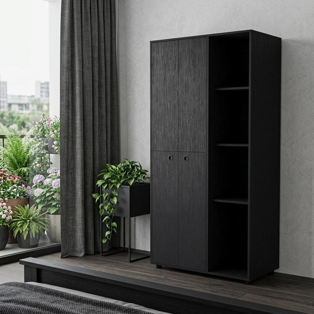 72" Black Wood Two Door Single Drawer Combo Dresser