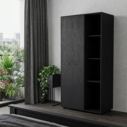 72" Black Wood Two Door Single Drawer Combo Dresser