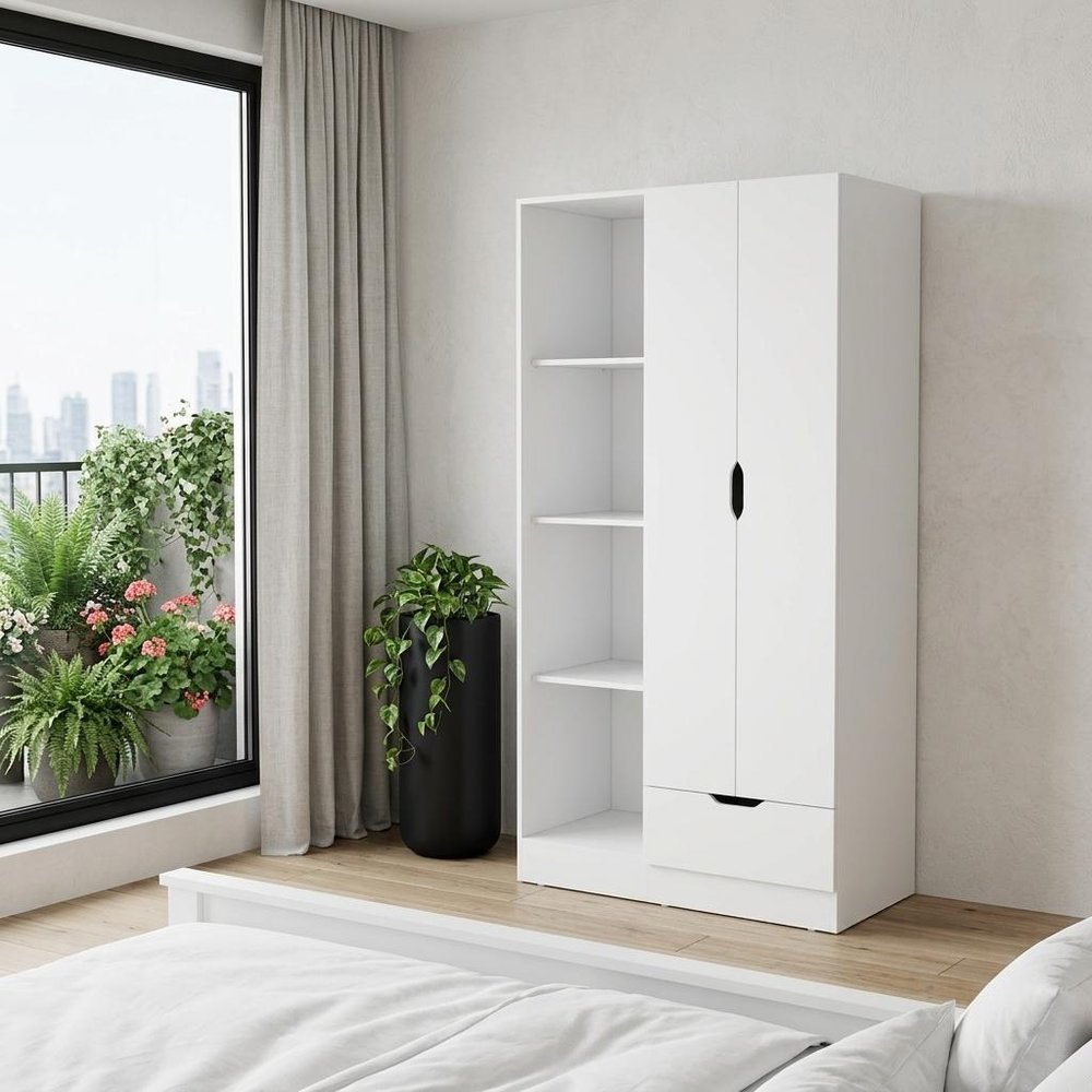 71" White Wood Two Door Single Drawer Combo Dresser