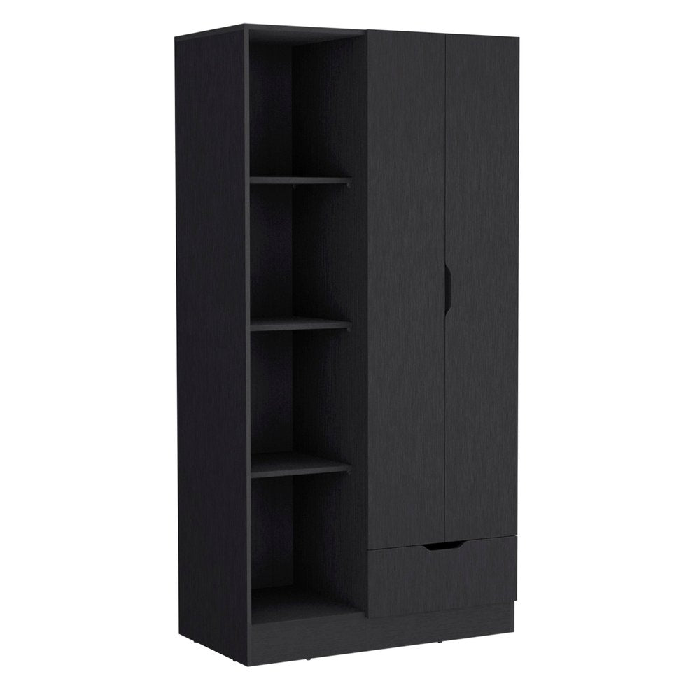 71" Black Wood Two Door Single Drawer Combo Dresser