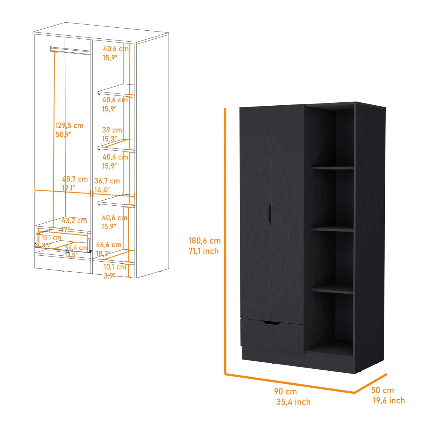 35" Black Drawer Combo Dresser