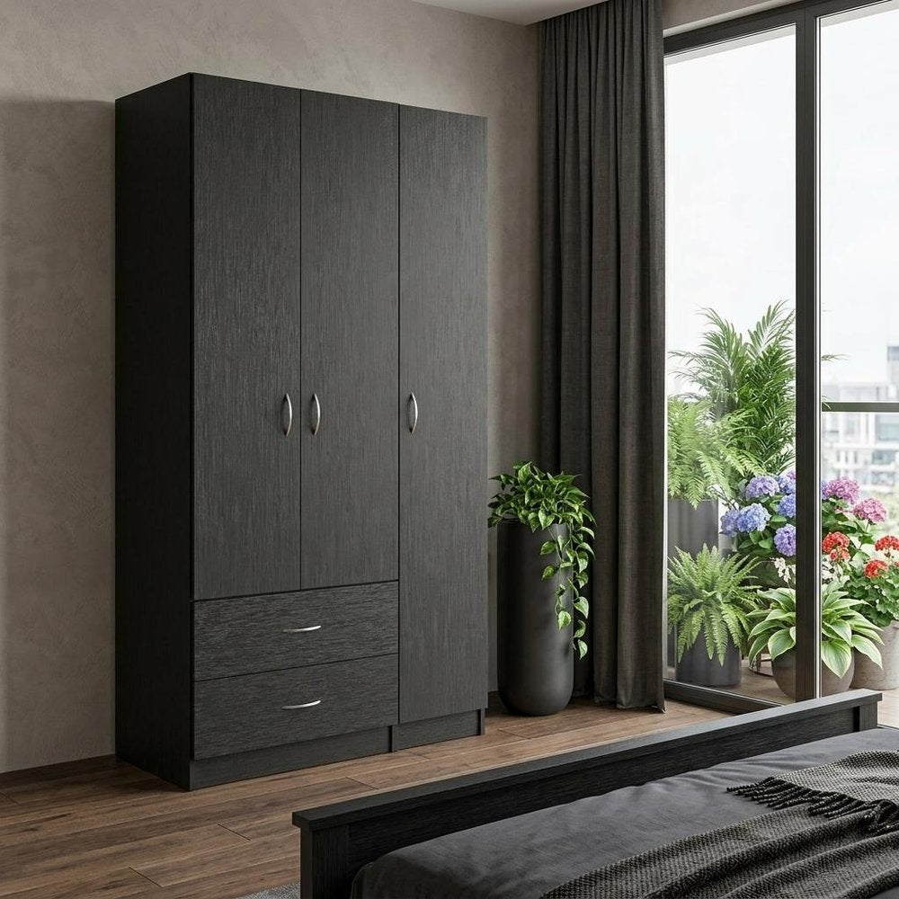 71" Black Wood Three Door Two Drawer Combo Dresser