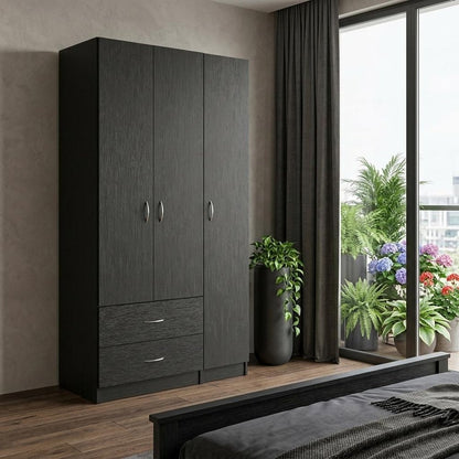 71" Black Wood Three Door Two Drawer Combo Dresser