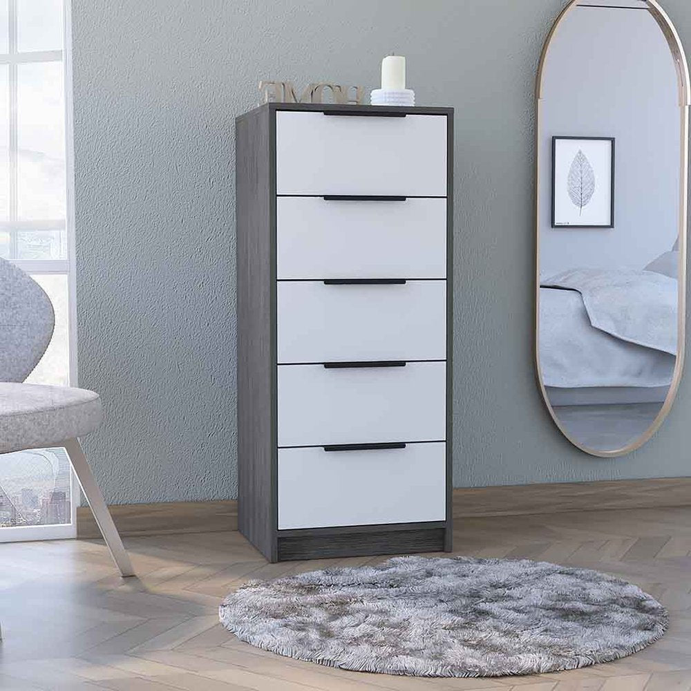 18" White And Gray Wood Five Drawer Dresser
