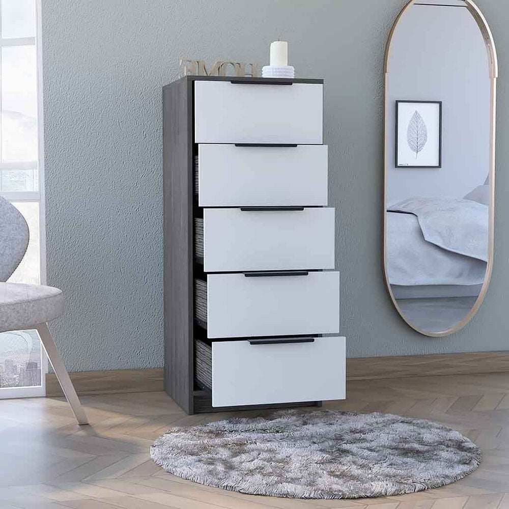 18" White And Gray Wood Five Drawer Dresser