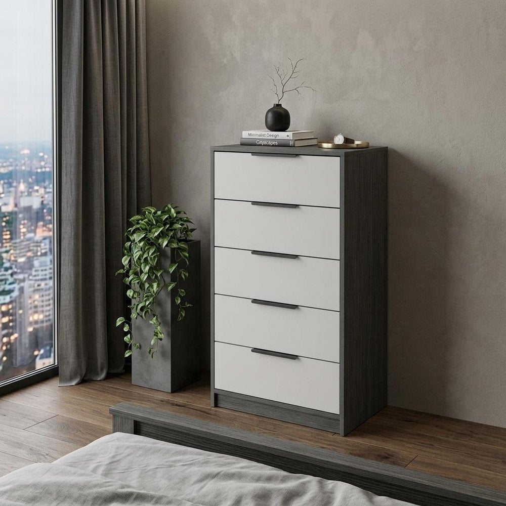 18" White And Gray Wood Five Drawer Dresser