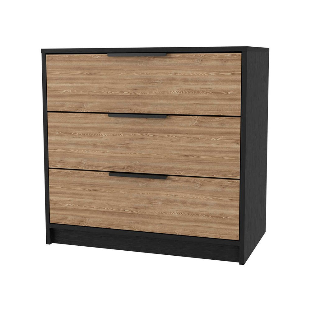 28" Black And Oak Wood Three Drawer Dresser