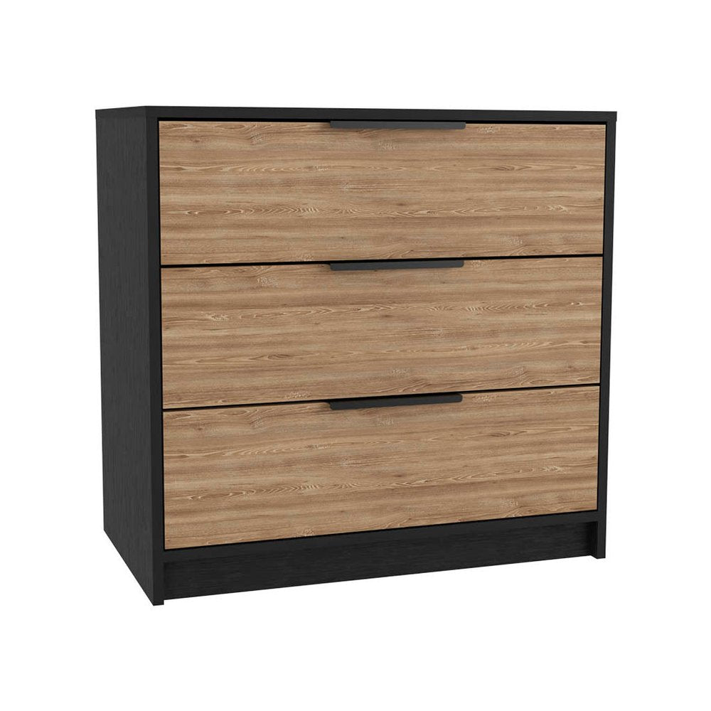 28" Black And Oak Wood Three Drawer Dresser