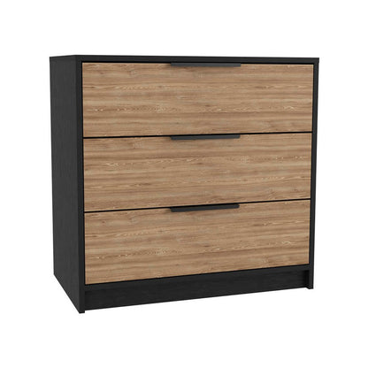 28" Black And Oak Wood Three Drawer Dresser