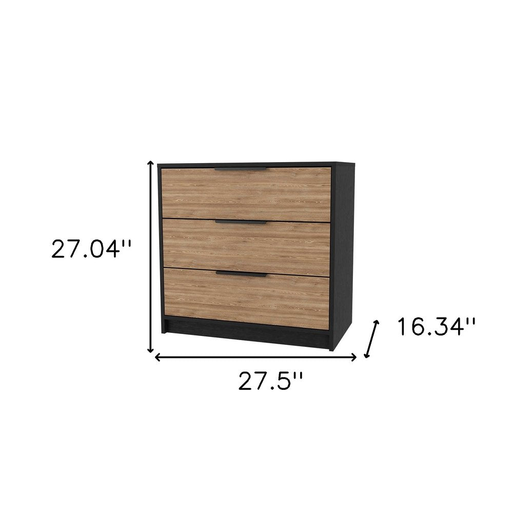 28" Black And Oak Wood Three Drawer Dresser