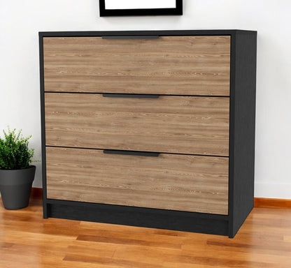 28" Black And Oak Wood Three Drawer Dresser