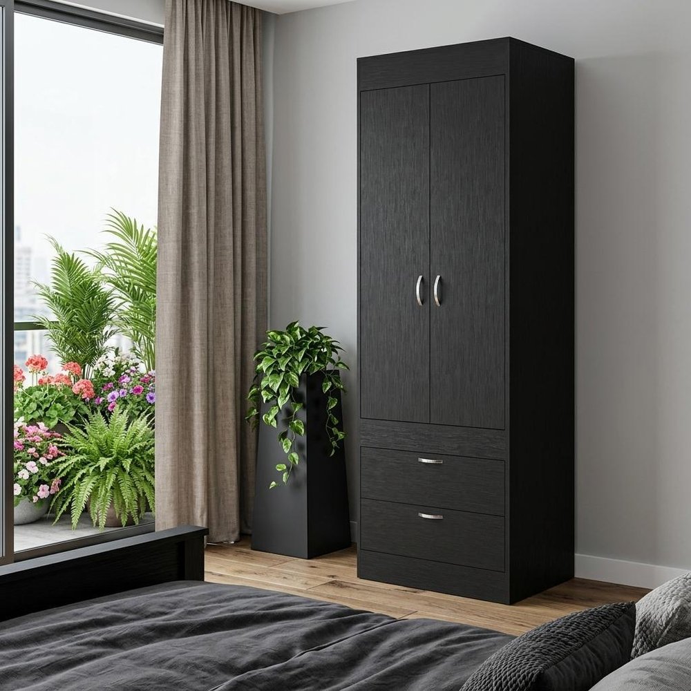 70" Black Wood Two Door Two Drawer Combo Dresser