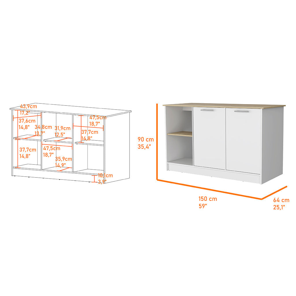 White and Oak 59" Kitchen Island With Storage