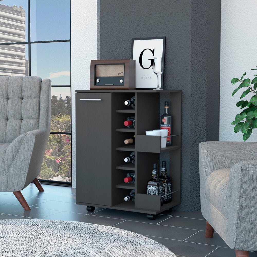 Black Rolling Bar Cart With Wine Storage