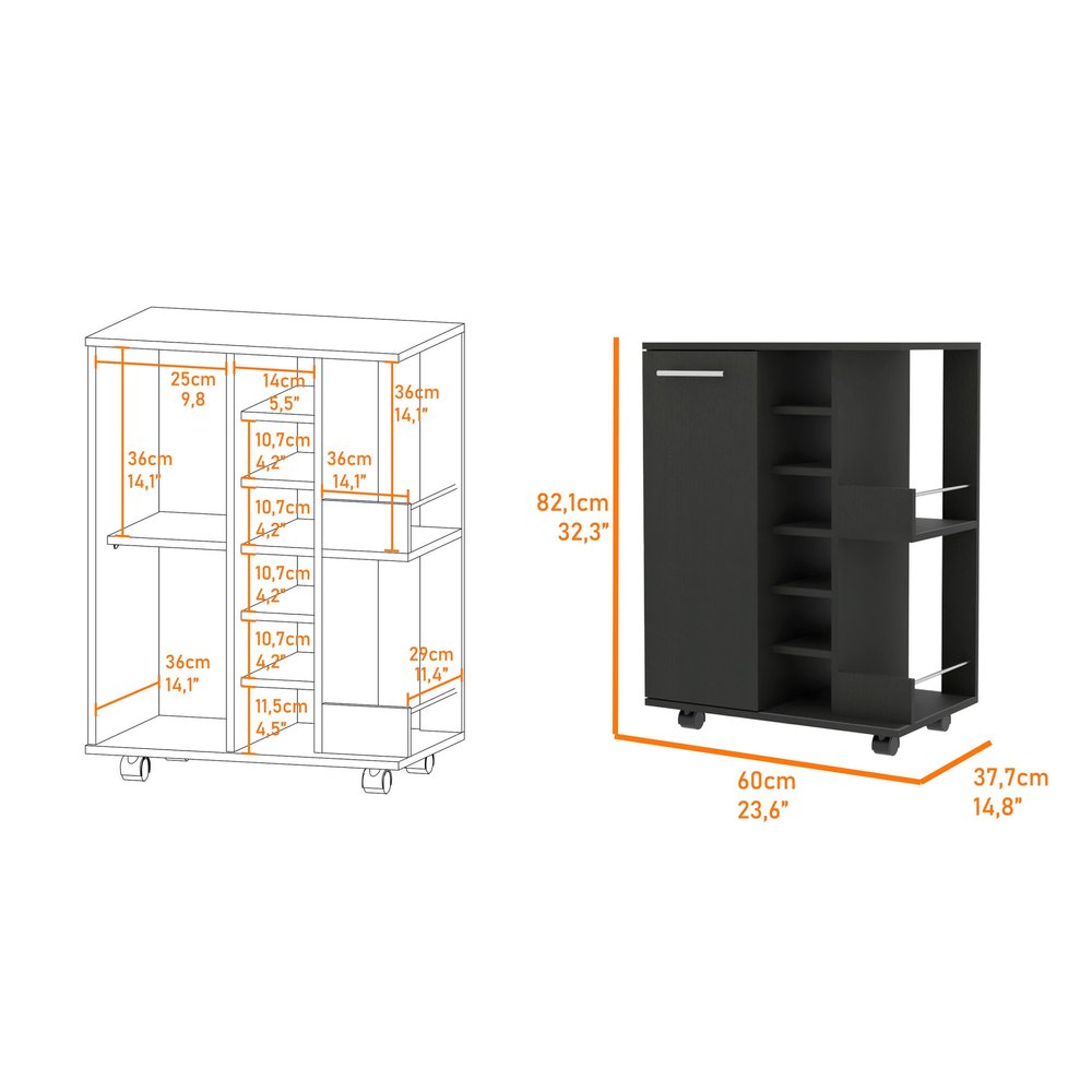 Black Rolling Bar Cart With Wine Storage