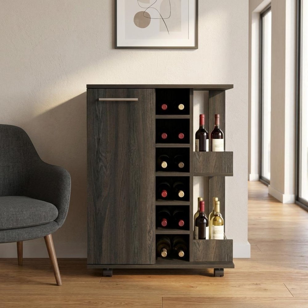 Espresso Rolling Bar Cart With Wine Storage