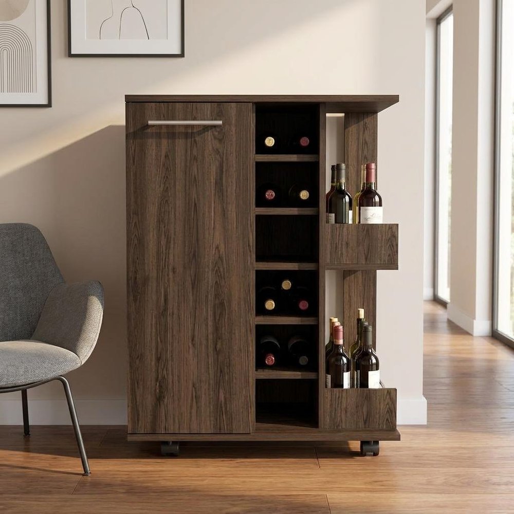 Brown Rolling Bar Cart With Wine Storage