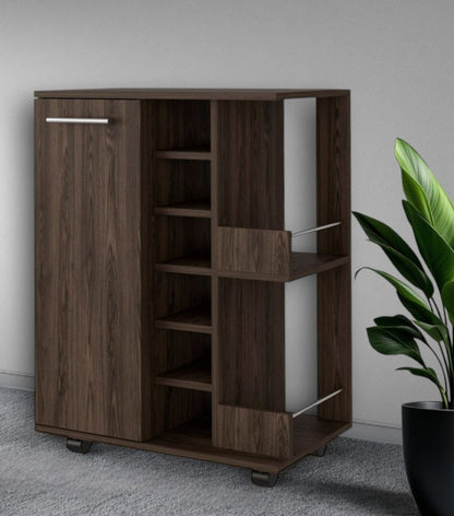 Brown Rolling Bar Cart With Wine Storage