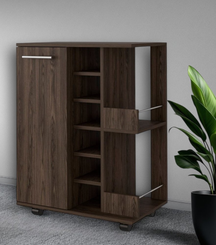 Brown Rolling Bar Cart With Wine Storage