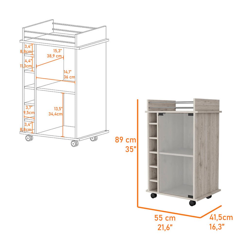 Light Gray Rolling Bar Cart With Wine Storage