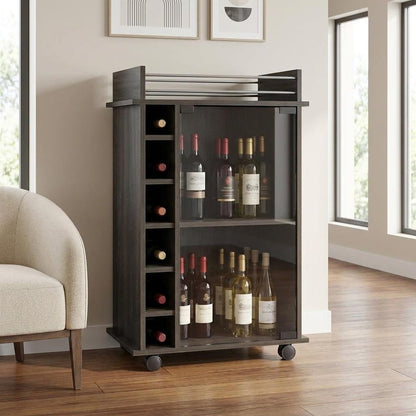 Espresso Rolling Bar Cart With Wine Storage
