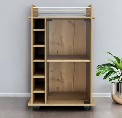 Oak Rolling Bar Cart With Wine Storage