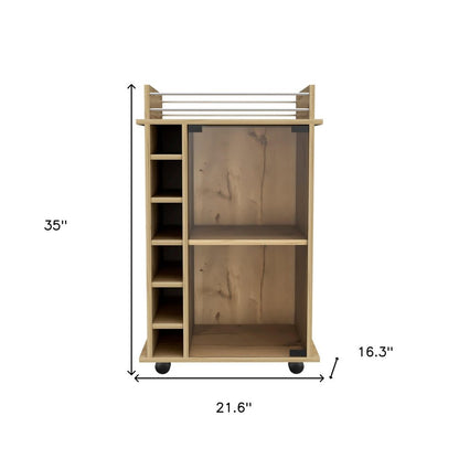 Oak Rolling Bar Cart With Wine Storage
