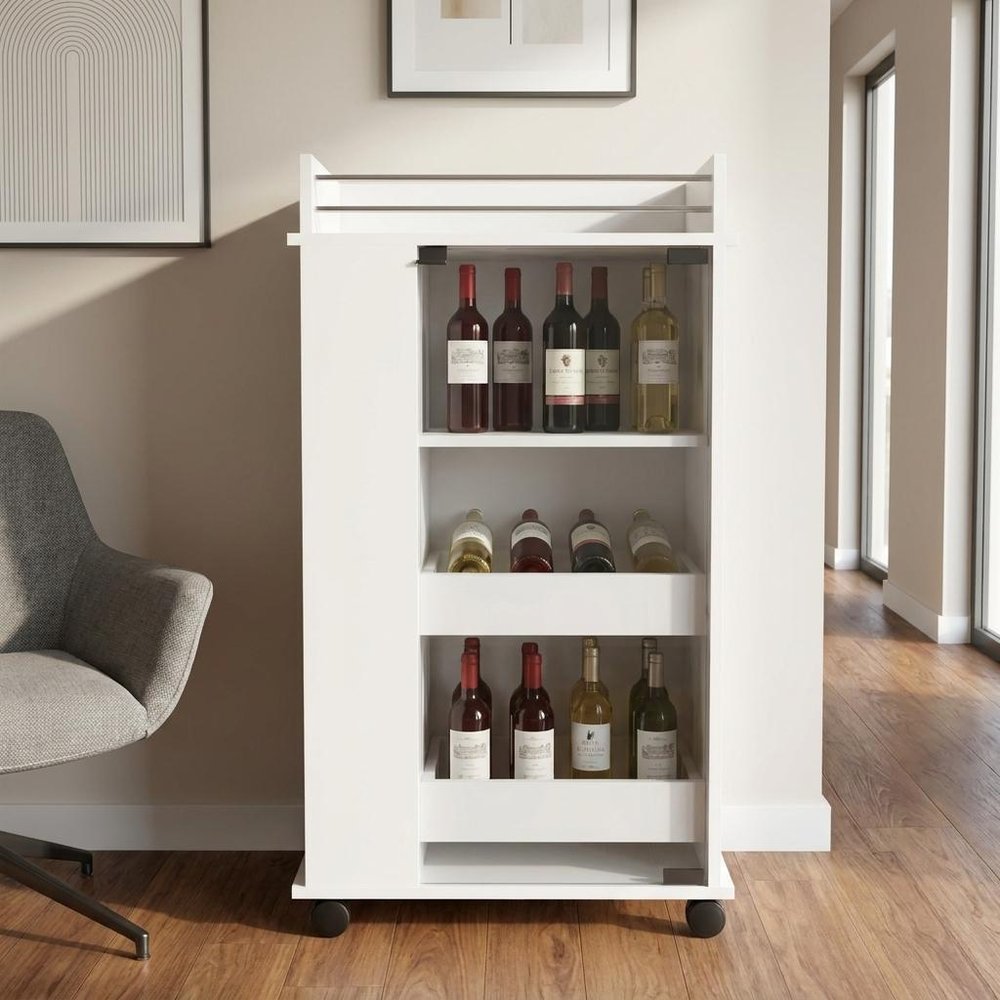 White Rolling Bar Cart With Wine Storage