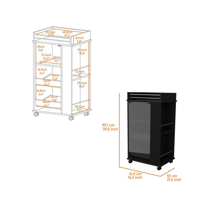 22" Black And Clear Wood And Glass Rolling Bar Cart