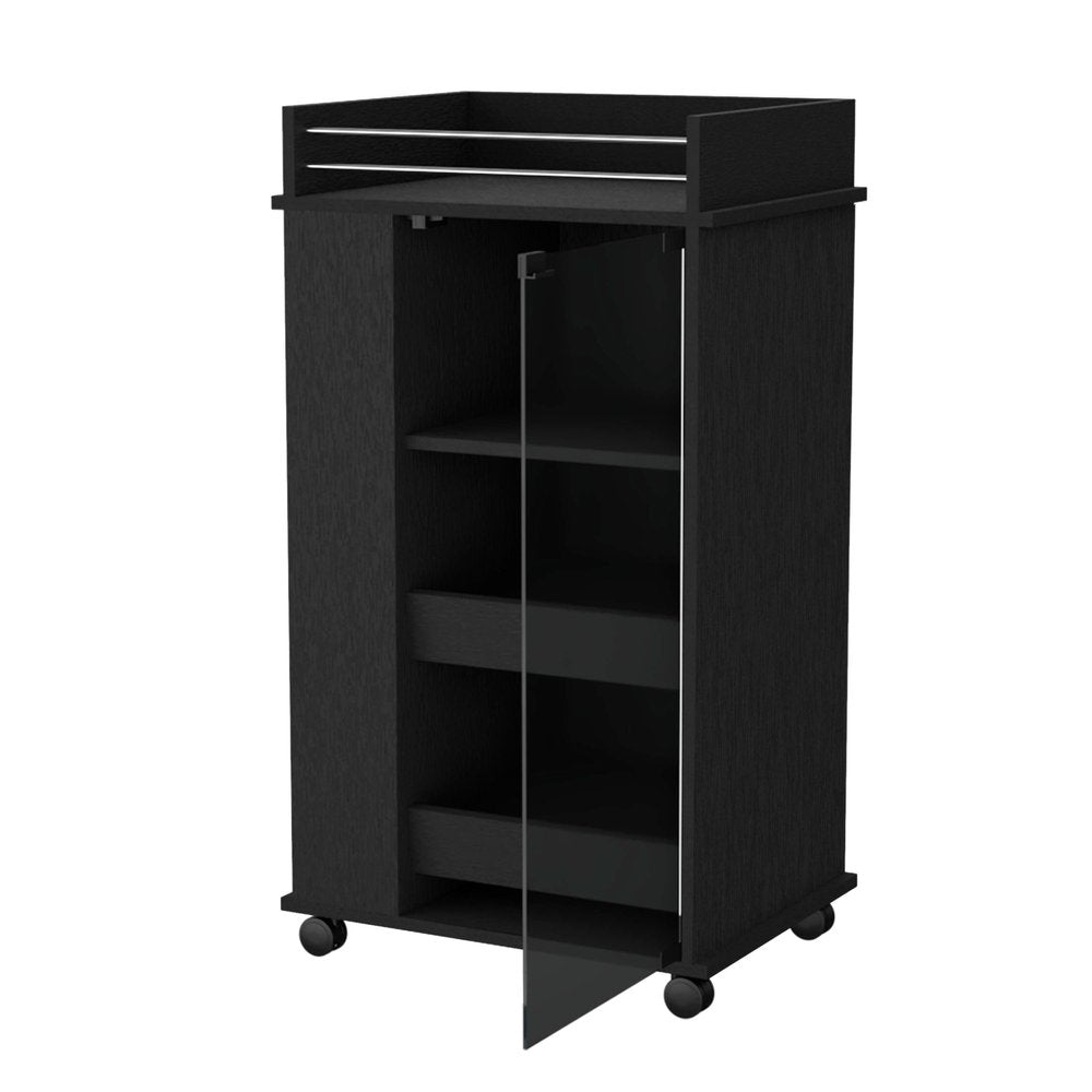 22" Black And Clear Wood And Glass Rolling Bar Cart