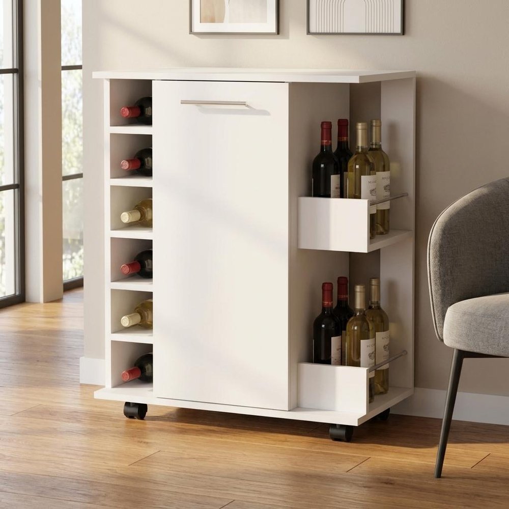 White Rolling Bar Cart With Wine Storage
