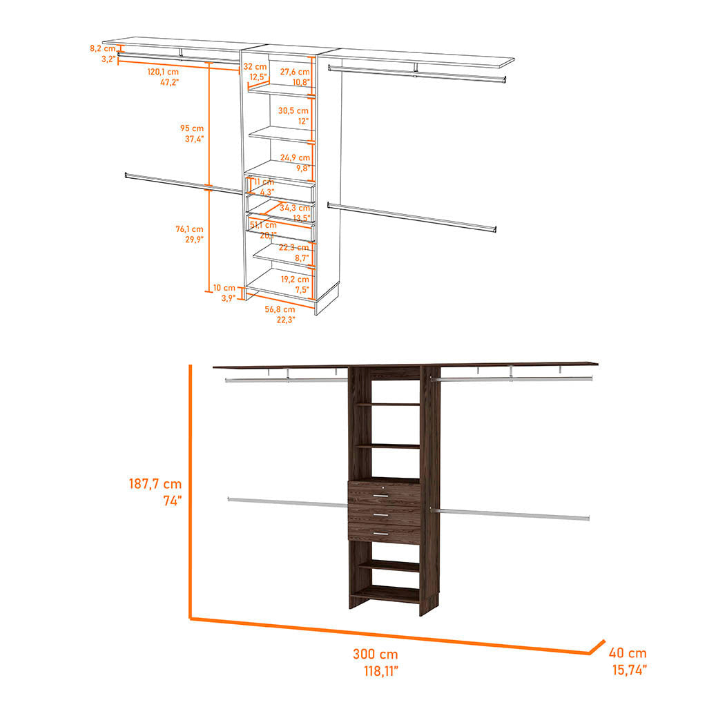 118" Dark Brown Manufactured Wood Closet System