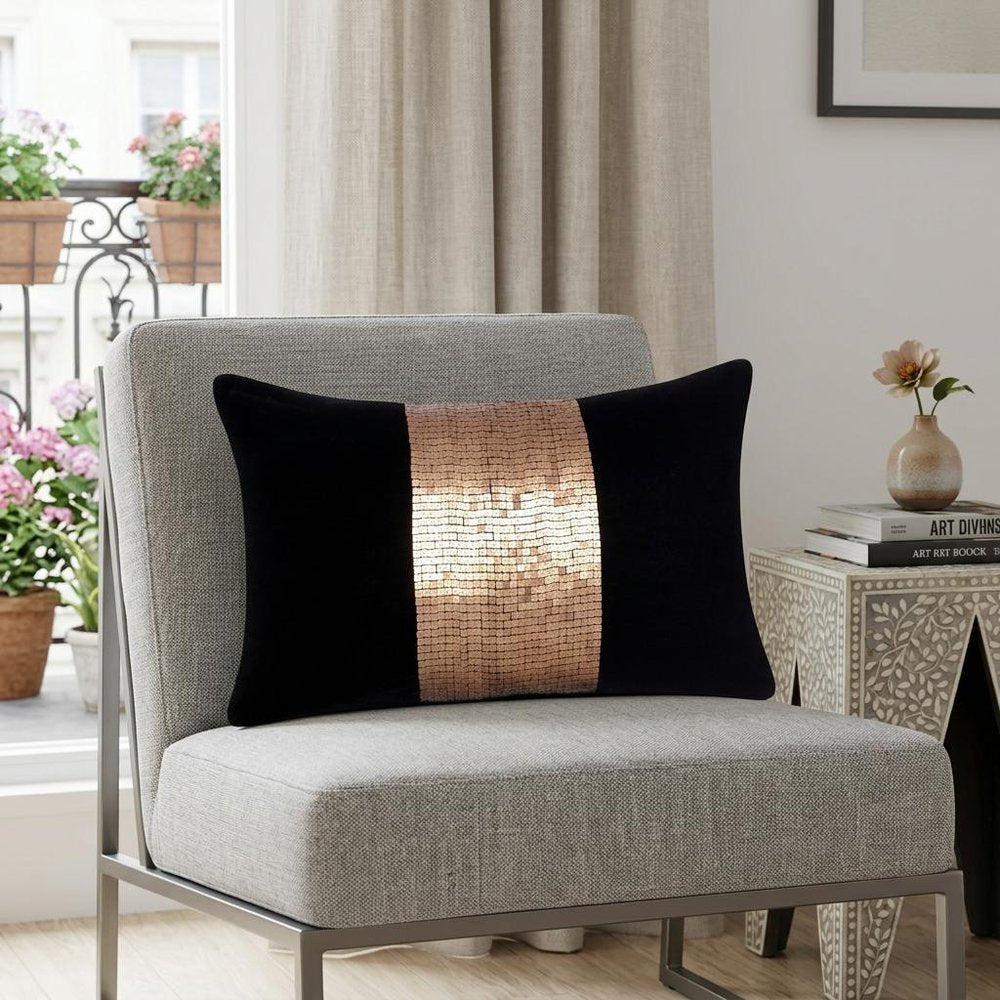 16" X 24" Black Striped Polyester Zippered Pillow With Beads
