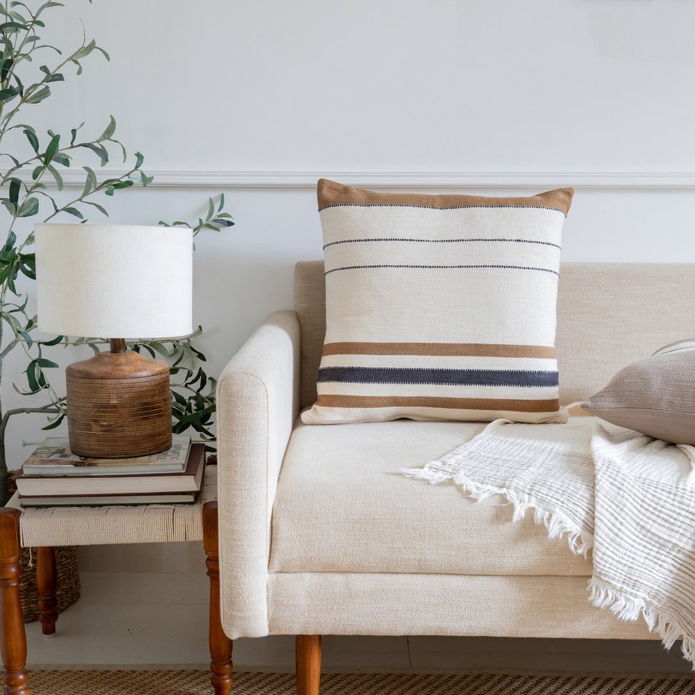 20" Brown And Ivory Striped Cotton Throw Pillow