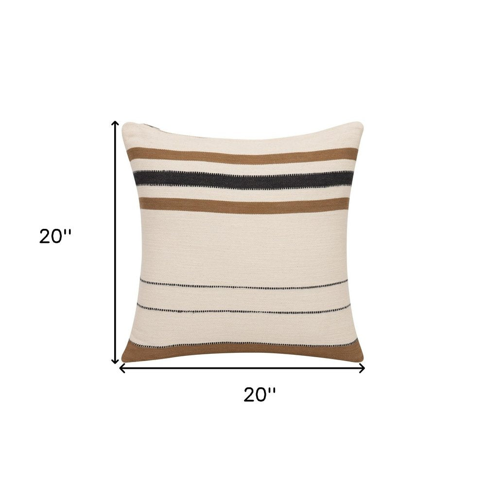 20" Brown And Ivory Striped Cotton Throw Pillow