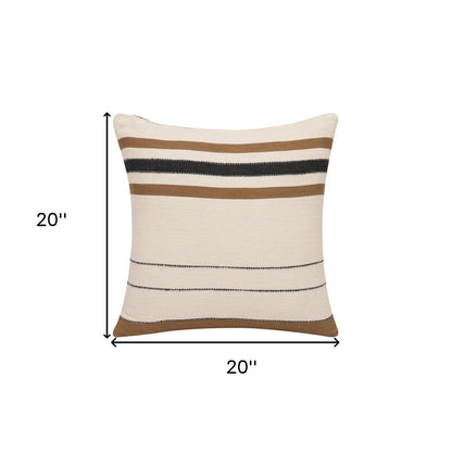 20" Brown And Ivory Striped Cotton Throw Pillow