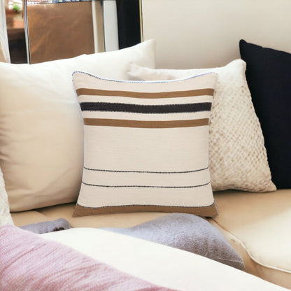 20" Brown And Ivory Striped Cotton Throw Pillow